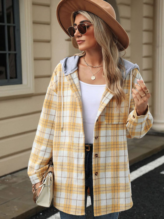 Drawstring Plaid Button Up Hooded Jacket Trendsi Hanalas