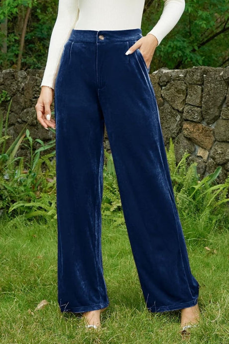 Velvet Wide Leg Pants with Pockets | Hanalas