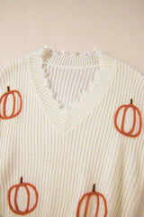 Raw Hem Pumpkin V-Neck Long Sleeve Sweater