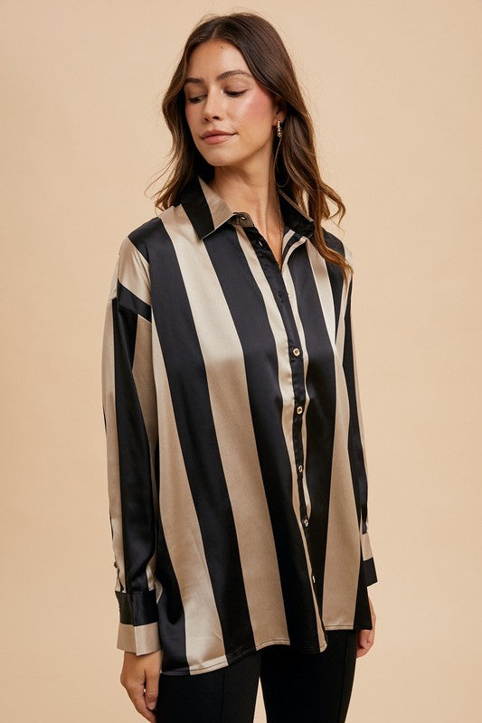 Annie Wear Striped Dropped Shoulder Button Up Shirt | Hanalas