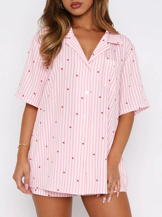 Valentine's Day Printed Collared Neck Short Sleeve Top and Shorts Set | Hanalas