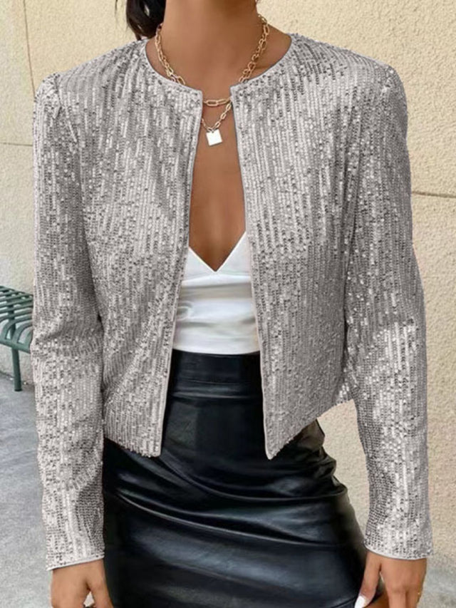 Full Size Sequin Open Front Cropped Jacket | Hanalas