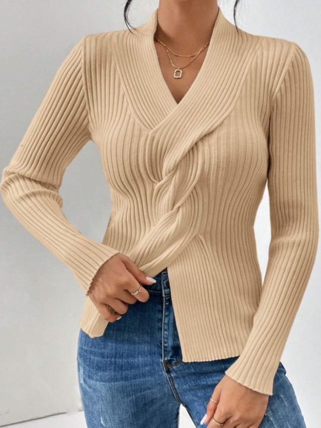 Twist Front Ribbed Long Sleeve Sweater | Hanalas