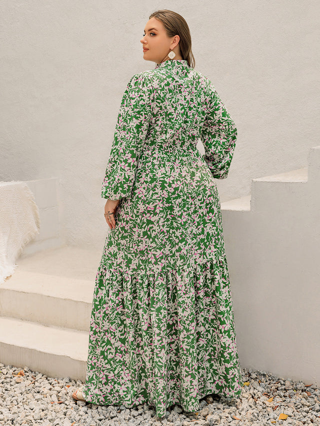 Plus Size Printed Notched Long Sleeve Maxi Dress Trendsi Hanalas