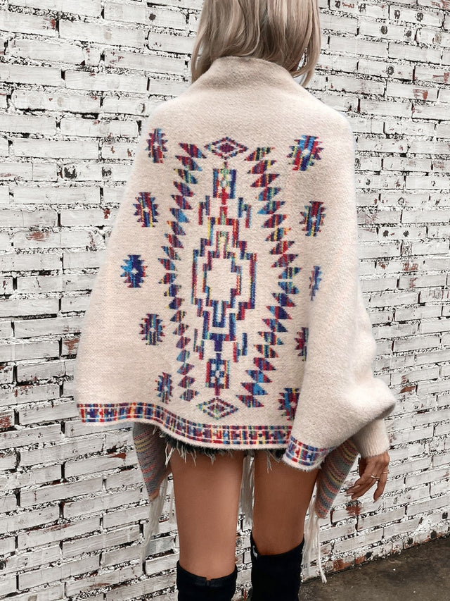 Fringe Geometric Open Front Long Sleeve Cape | Hanalas