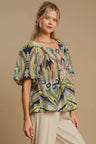 Umgee Full Size Abstract Print Smocked Square Neck Puff Sleeve Blouse | Hanalas