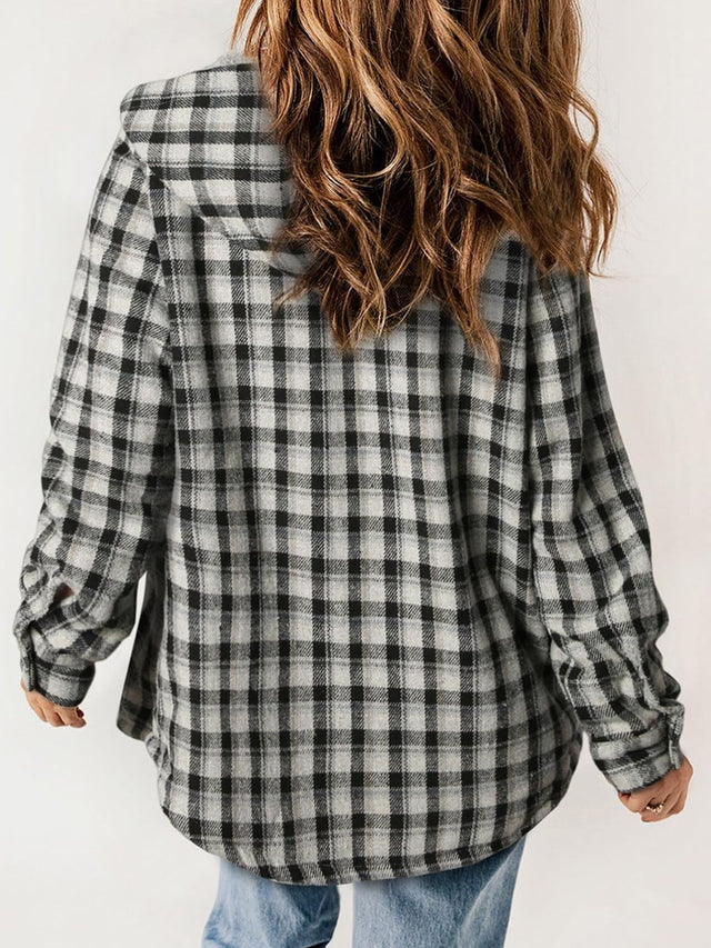 Plaid Snap Down Plush Hooded Jacket | Hanalas