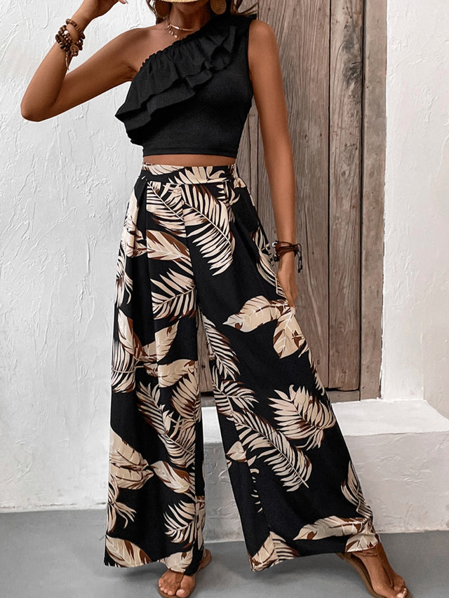 Honey Ruffled Sleeveless Top and Printed Pants Set | Hanalas