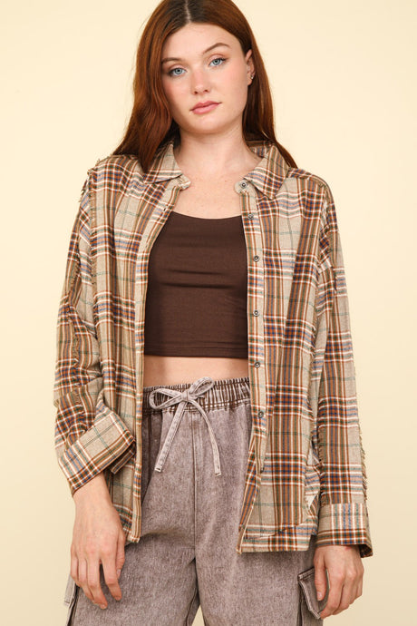 VERY J Contrast Plaid Raw Detail Shirt | Hanalas