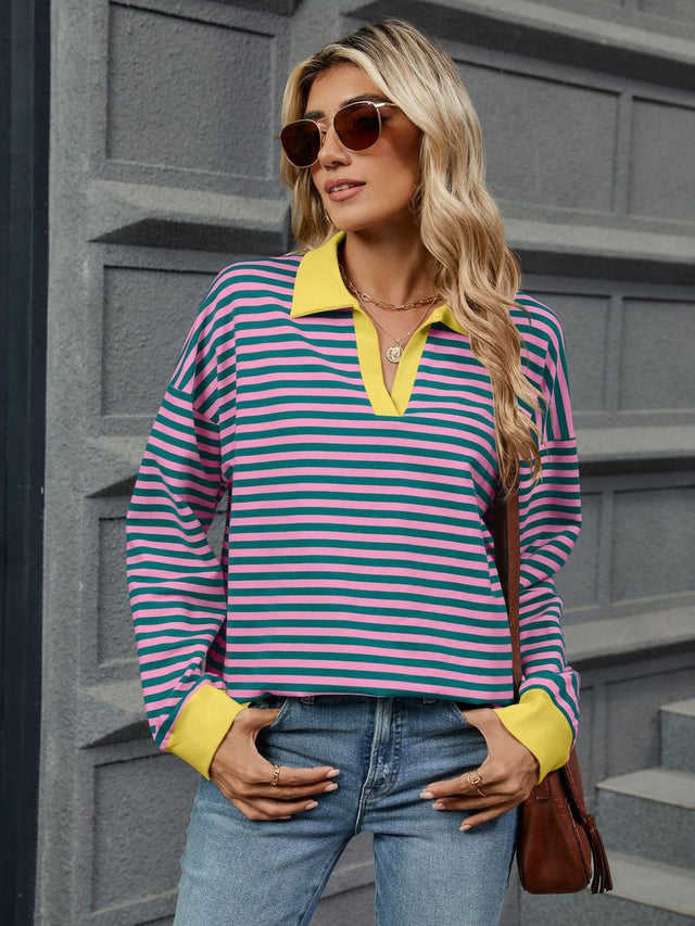 Striped Johnny Collar Long Sleeve Sweatshirt | Hanalas