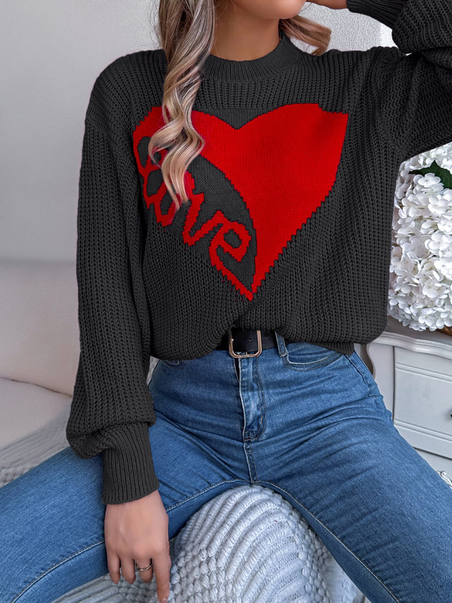 LOVE Heart Round Neck Dropped Shoulder Sweater | Hanalas