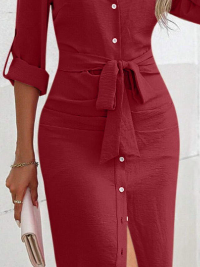 Tied Button Up Collared Neck Roll-Tab Sleeve Dress Trendsi Hanalas