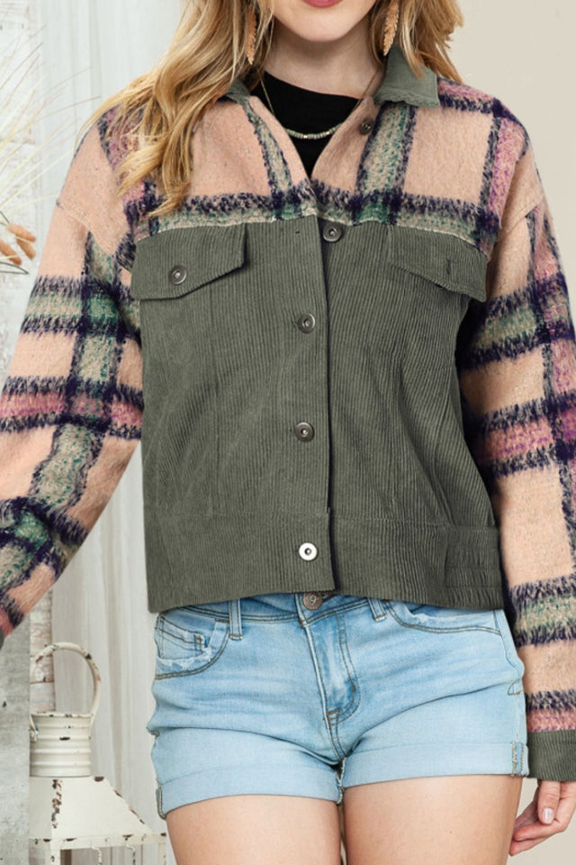 Plaid Corduroy Flap Pockets Button Up Jacket | Hanalas