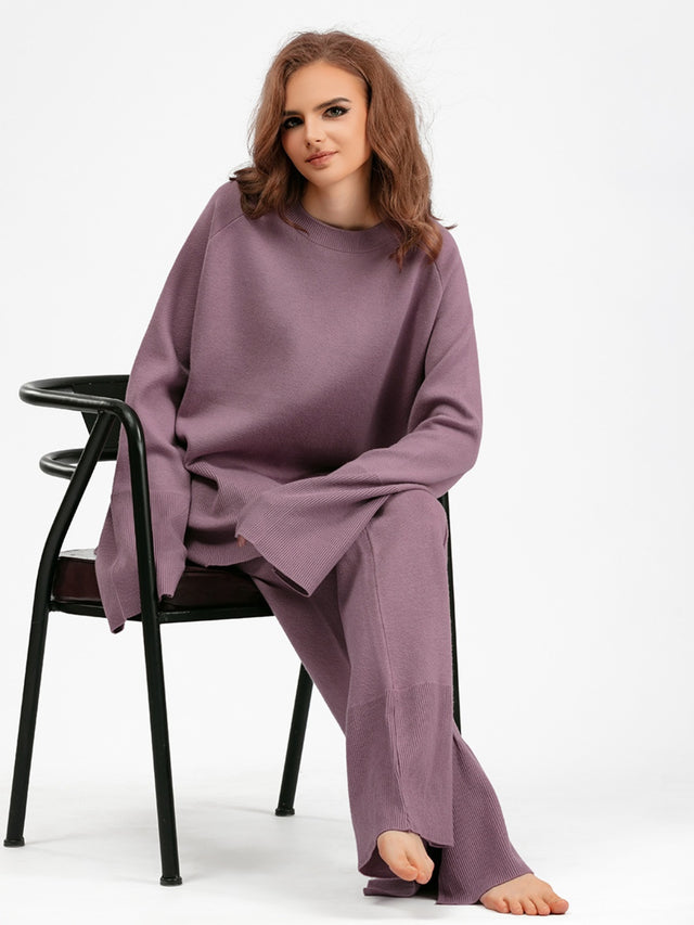 Basic Bae Slit Round Neck Long Sleeve Top and Drawstring Pants Sweater Set Trendsi Hanalas