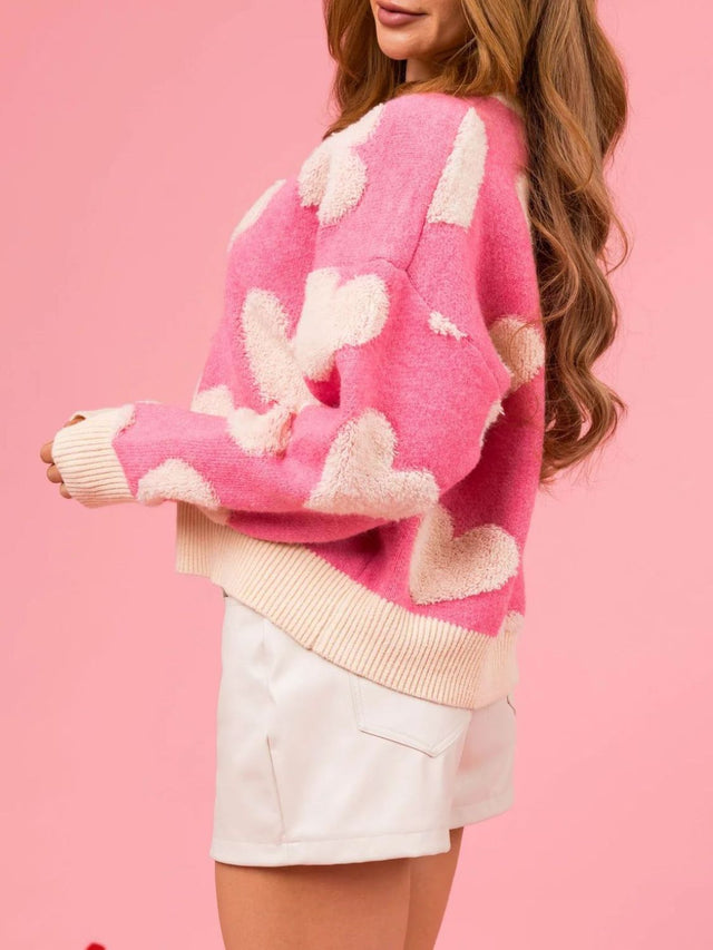 Valentine’s Day Fuzzy Heart Round Neck Long Sleeve Sweater | Hanalas