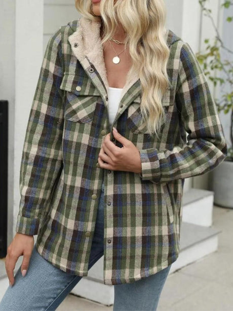 Plaid Snap Down Plush Hooded Jacket | Hanalas