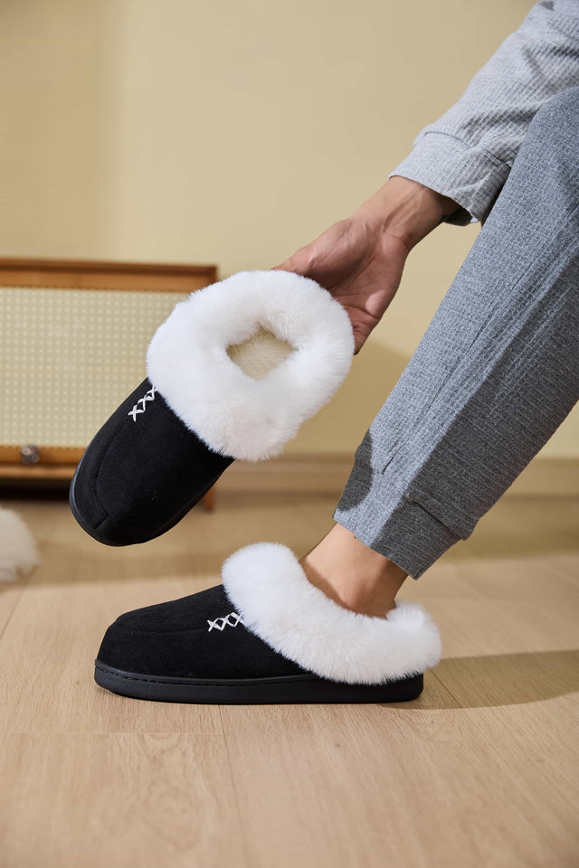 Fluff Trim Round Toe Flat Slippers | Hanalas