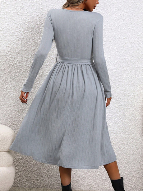 Surplice Tie Waist Long Sleeve Midi Dress