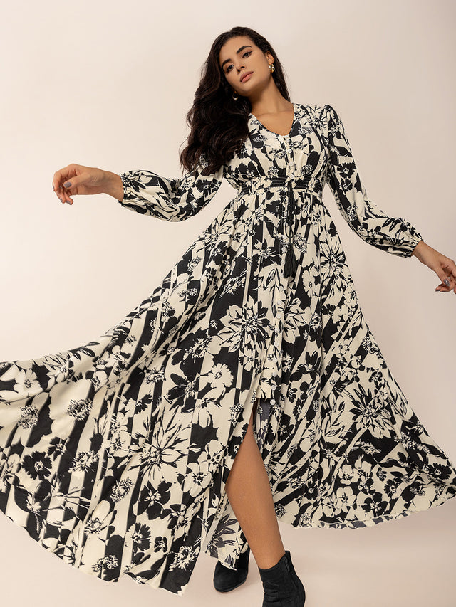 Tied Printed V-Neck Long Sleeve Midi Dress Trendsi Hanalas