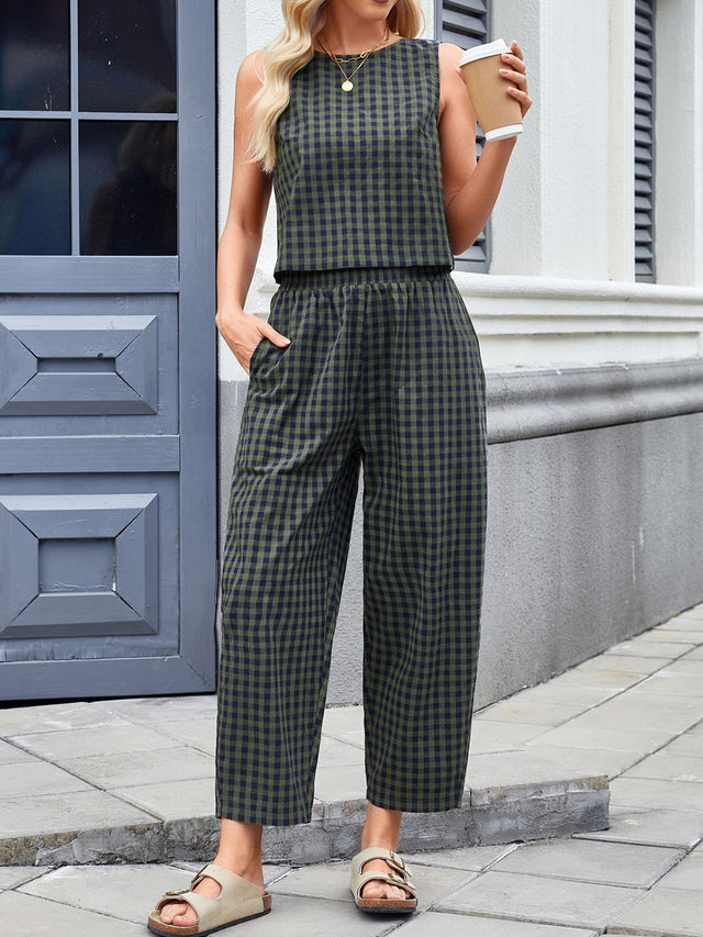 Lovelet Plaid Round Neck Sleeveless Top and Pants Set | Hanalas