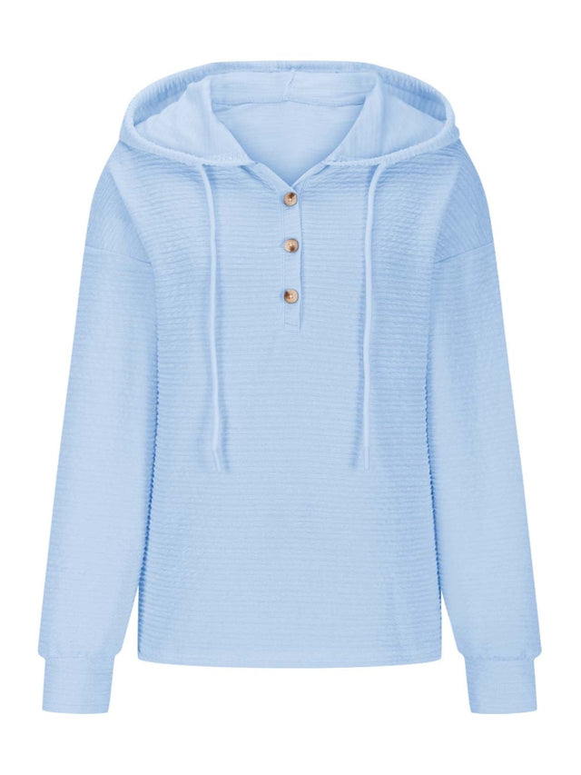 Drawstring Quarter Button Long Sleeve Hoodie | Hanalas