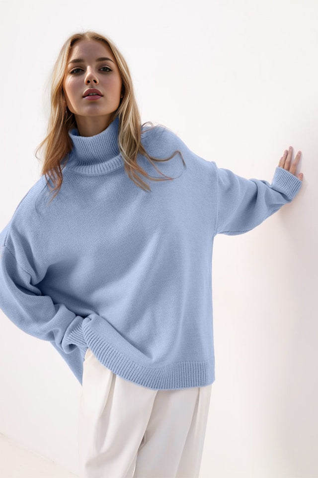 Basic Bae Side Slit Turtleneck Long Sleeve Sweater Trendsi Hanalas