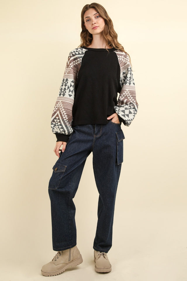 VERY J Printed Long Sleeve Round Neck Knit Top | Hanalas