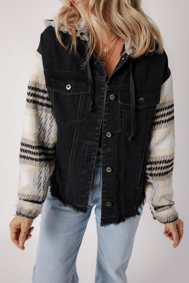 Raw Hem Drawstring Hooded Denim Jacket Trendsi Hanalas