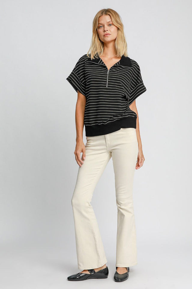 Umgee Striped Half Zip Short Sleeve Sweatshirt | Hanalas