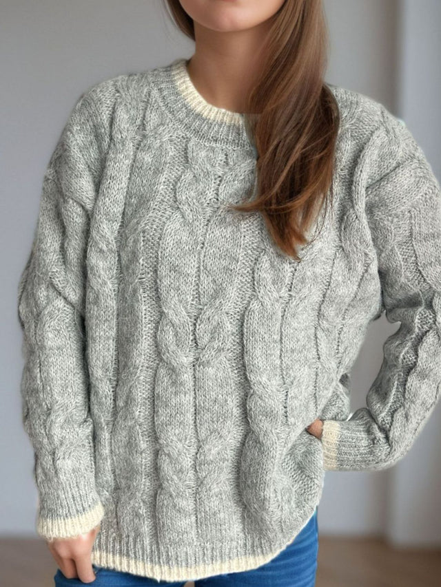 Cable Knit Round Neck Long Sleeve Sweater Trendsi Hanalas