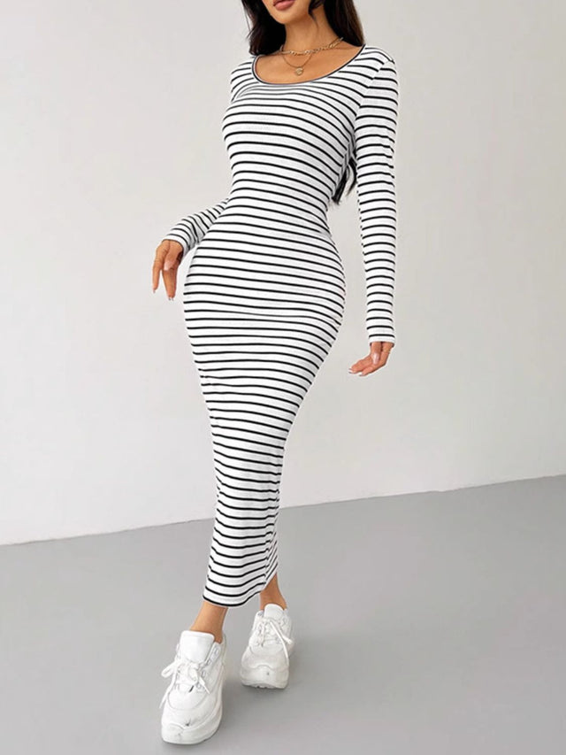 Striped Scoop Neck Long Sleeve Midi Tee Dress | Hanalas