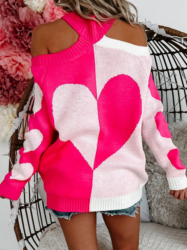 Valentine's Day Heart Turtleneck Cold Shoulder Sweater | Hanalas