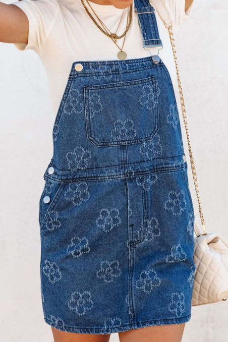 Flower Print Square Neck Denim Overall Dress | Hanalas