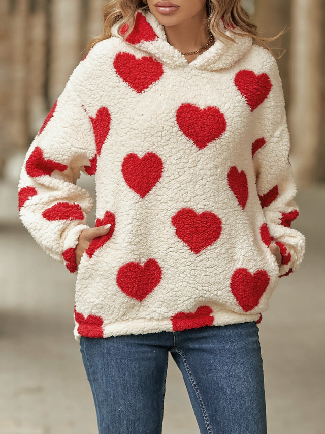 Fuzzy Heart Pocketed Dropped Shoulder Hoodie | Hanalas