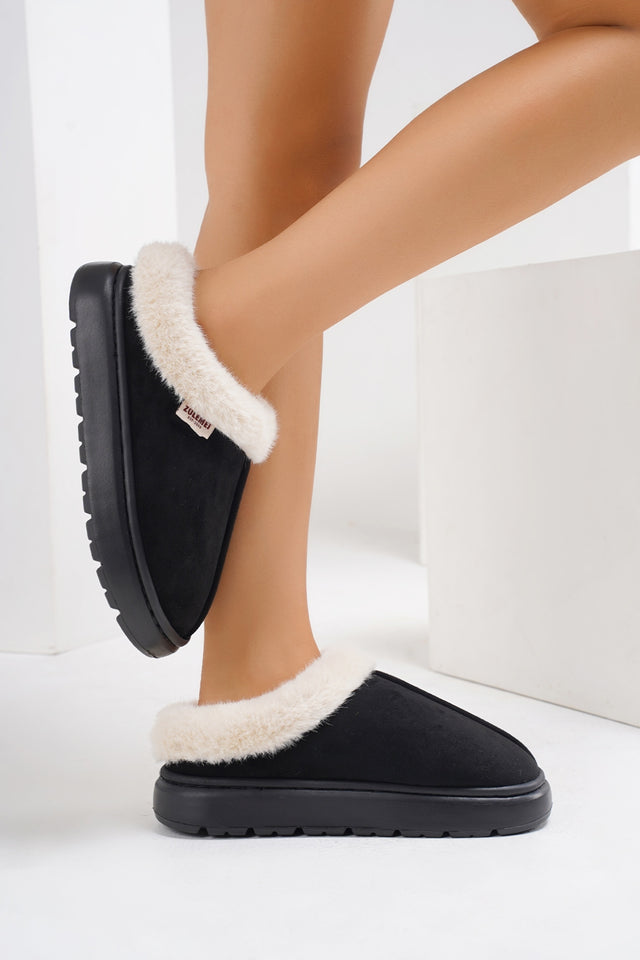 Furry Round Toe Platform Slippers | Hanalas