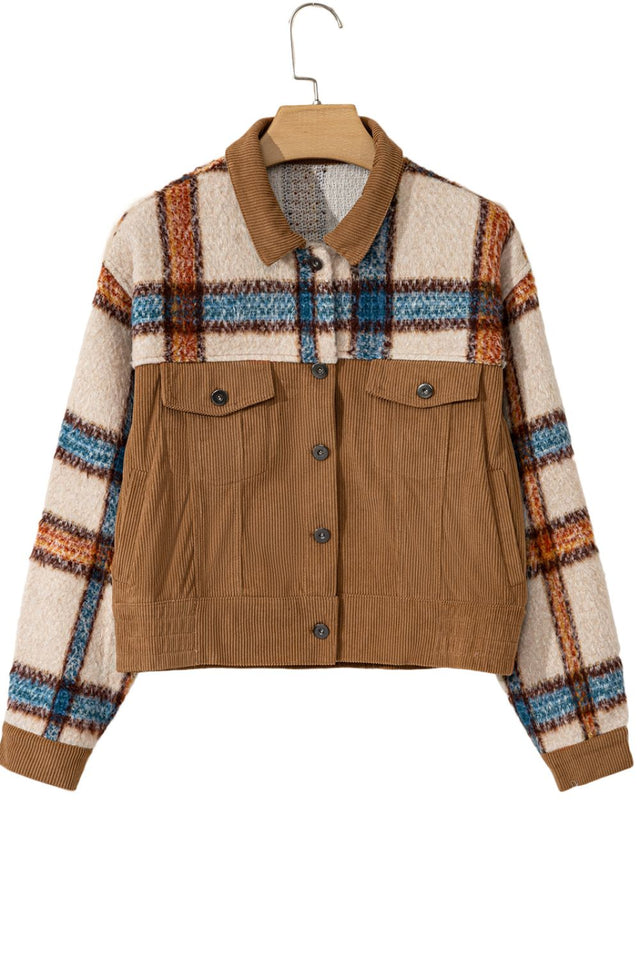 Plaid Corduroy Flap Pockets Button Up Jacket | Hanalas