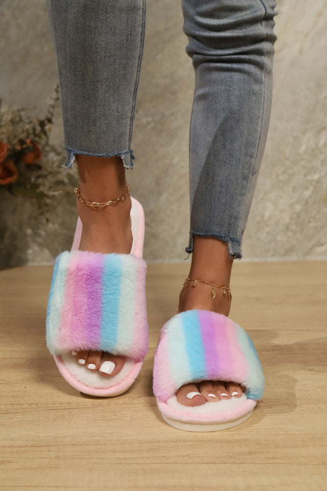 Color Block Open Toe Faux Fur PVC Slippers | Hanalas