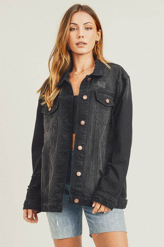 RISEN Full Size Distressed Long Sleeve Denim Jacket | Hanalas