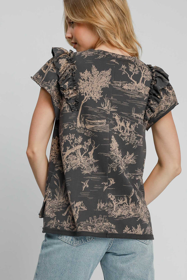 Umgee Ruffled Landscape Print Short Sleeve French Terry Top | Hanalas