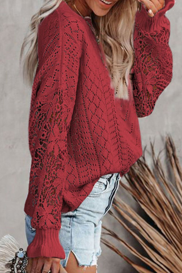 Openwork Round Neck Long Sleeve Sweater | Hanalas