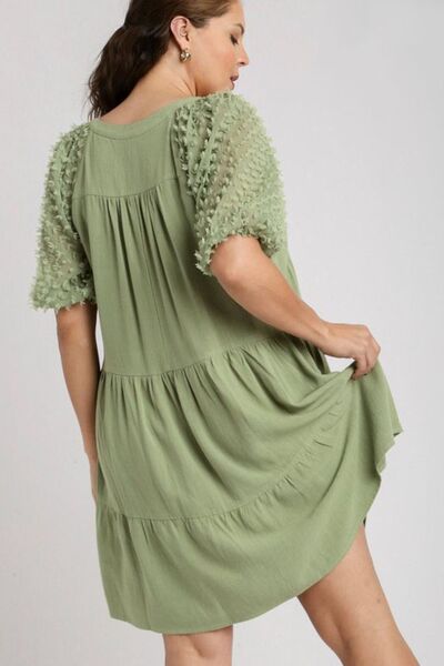 Umgee Full Size Linen Tiered A-Line Split Neck Dress Plus Size | Hanalas