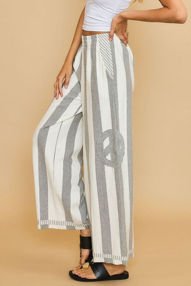 Umgee Peace Sign Patch Striped Wide Leg Pants | Hanalas