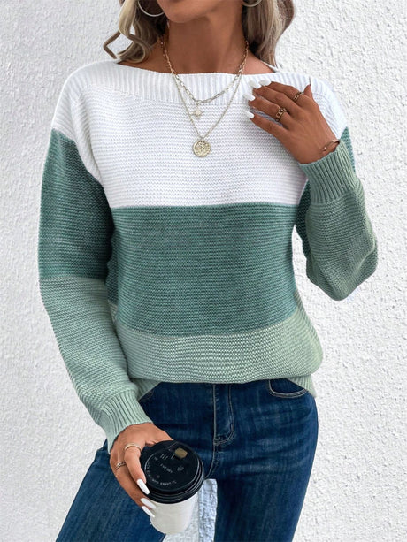 Color Block Drop Shoulder Long Sleeve Sweater | Hanalas