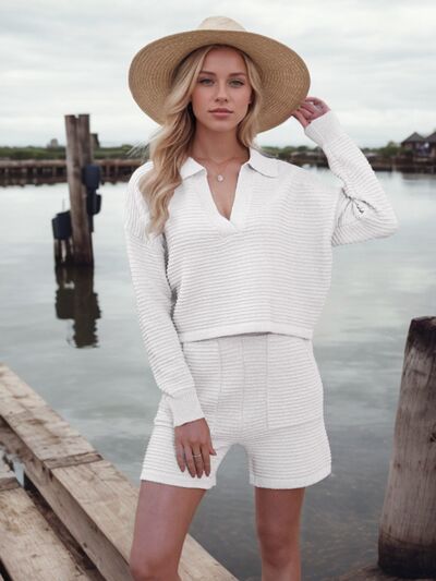 Johnny Collar Long Sleeve Top and Shorts Sweater Set | Hanalas