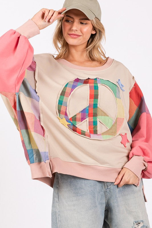 SAGE + FIG Full Size Contrast Peace Patch Dropped Shoulder Sweatshirt | Hanalas