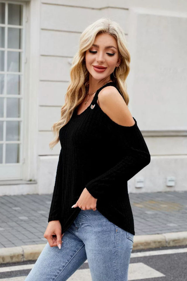 Ribbed Cold Shoulder Long Sleeve Top | Hanalas