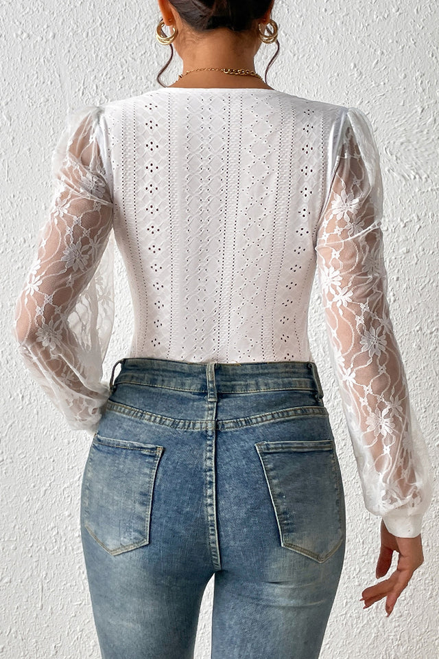 Eyelet Lace Long Sleeve Bodysuit | Hanalas