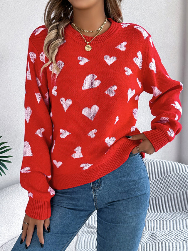 Heart Round Neck Long Sleeve Sweater | Hanalas