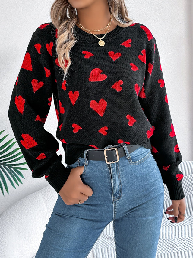 Heart Round Neck Long Sleeve Sweater | Hanalas