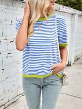 Lovelet Striped Contrast Round Neck Half Sleeve Knit Top